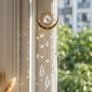 Crystal Sun Catcher Wind Chime Moon Star Hanging Ornament Rainbow Maker Window Decor For Home Room Wall Decoration