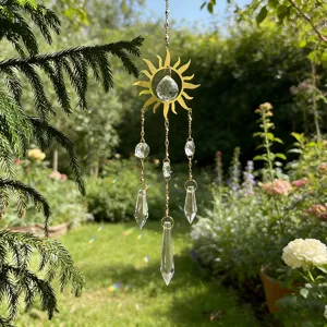 Acchiappasole in cristallo con cornice a sole crea arcobaleni in un bel giardino.