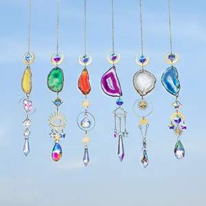 Detailed view of seven colorful natural agate slices and crystal prism suncatchers for garden