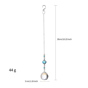 Detailed dimension diagram of crystal suncatcher with blue beads and metal chain hook