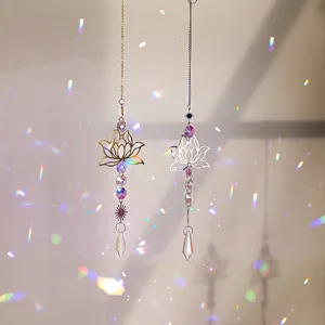 Elegant lotus metal suncatcher with K9 crystal beads creating rainbow light reflections