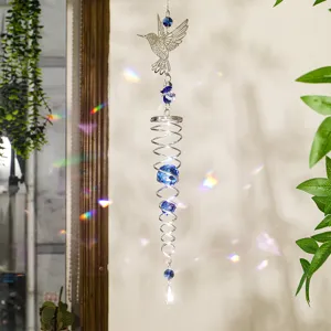 Atrapasol de colibrí en cristal en espiral con gemas azules para decoración jardín