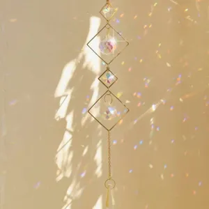 Crystal Suncatcher Geometric Metal Frame White Crystal Prism Rainbow Maker Window Hanging Ornament Home Decor Garden