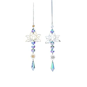 Lotus metal suncatcher with K9 crystal prisms for garden and window wall hanging decor