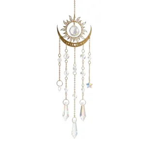 Golden flame sun and moon iridescent crystal suncatcher hanging window decoration