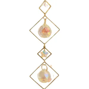 Geometric gold frame sun catcher with prismatic crystals and star charm for window decor