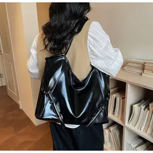 Μεγάλη μαύρη γυναικεία τσάντα tote από δέρμα λαδιού, ευρύχωρη τσάντα για το γραφείο