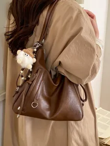 Retro brown soft leather tote bag for women, large capacity commuter shoulder bag