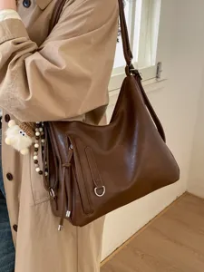 Vintage brown faux leather commute tote bag with large capacity shoulder strap