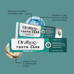 Nahaufnahme der Oralhoe Minz-Zahnpasta mit Verpackungsdetails und Vorteilen