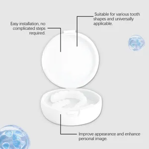 Detail of adjustable snap-on dentures in a white case showing easy installation features