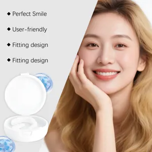 Close-up detail of adjustable snap-on dentures in case and model showing a perfect smile