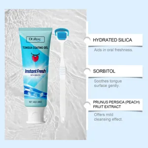 Vue détaillée du kit gel et gratte-langue Oralhoe montrant les ingrédients de nettoyage actifs.