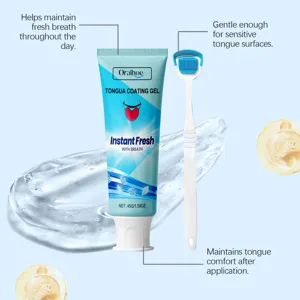 Vue détaillée de l'ensemble gel et grattoir pour langue Oralhoe avec texture gel