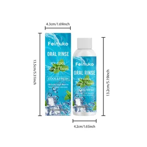 Dimensions of Feimuko 120ml Icy Cool Mint Mouthwash bottle and packaging box