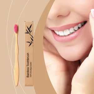 Cepillo de dientes de bambú ecológico con cerdas suaves rosas y caja de papel kraft.