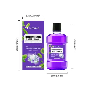 Detailed dimension view of Feimuko 100ml purple teeth whitening mouthwash and packaging box