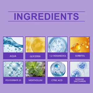 Detailed macro view of mouthwash ingredients including Aqua, Mentholum, and Citric Acid