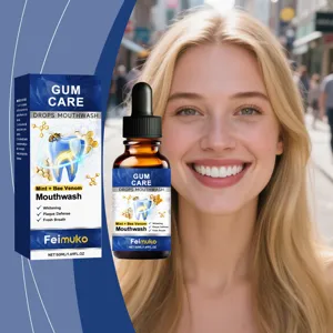 Feimuko Bee Venom Mouthwash detail featuring a dropper bottle and a smiling blonde model