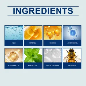 Detailed view of active ingredients like bee venom and mint in oral care mouthwash.