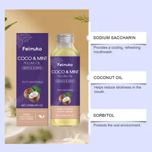 Detail of Feimuko coconut and mint pulling oil ingredients: coconut oil and sorbitol