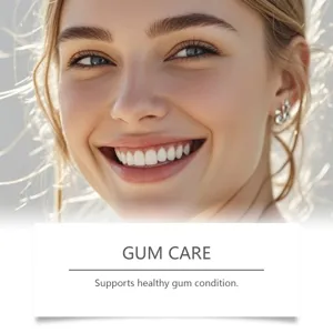 Macro view of a white healthy smile illustrating oral hygiene and gum care results