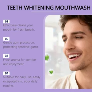 Detailed features of whitening mouthwash showing fresh breath and gum protection