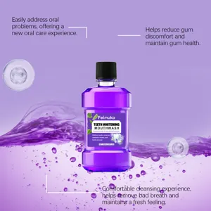 Detailed view of Feimuko teeth whitening mouthwash with purple liquid and mint freshness