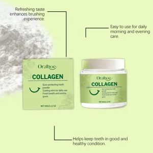 Oralhoe Kollagen-Zahnpulver-Detail mit Dose und Box für frischen Atem und Zahnfleischpflege