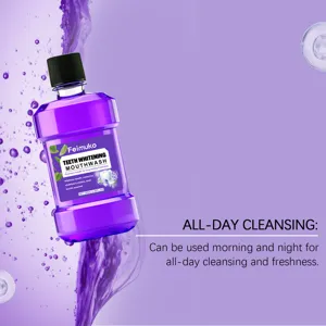 Purple whitening mouthwash bottle with water splash detail for all-day cleansing