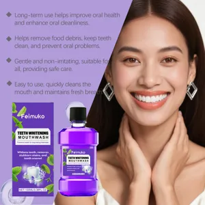 Feimuko mint mouthwash detail showing bottle and packaging for fresh breath whitening