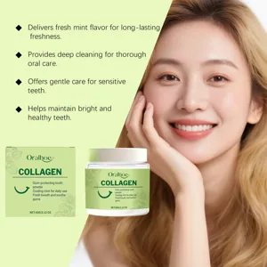Detailansicht von Oralhoe Collagen Zahnpulver mit Model und strahlendem, gesundem Lächeln