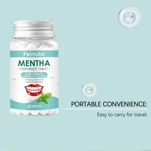 Feimuko mentha toothpaste tablets in a 30-piece bottle for portable travel use