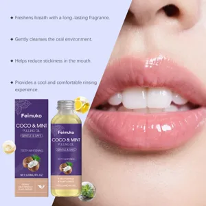 Detailed view of clean white teeth next to Feimuko coconut mint pulling oil benefits text