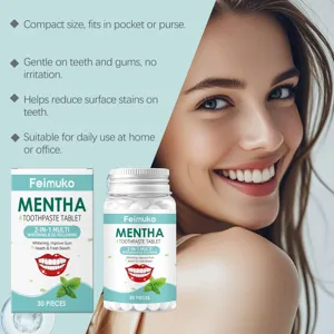 Feimuko Mentha toothpaste tablets shown beside a woman's bright white healthy smile