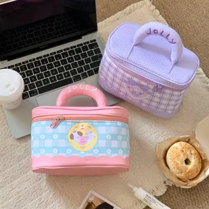 Koreanischer Stil Große Kapazität Stoff Kosmetiktasche Gepunktete Gingham Muster Kulturbeutel Tragbare Reise Make-up Aufbewahrungstasche Damen