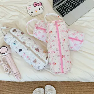 Cute Cartoon Quilted Hair Dryer Storage Bag Large Capacity Travel Portable Curler Straightener Protective Organizer Case Pouch