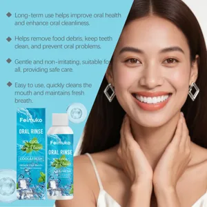 Asian model showing healthy white teeth with Feimuko mint flavor oral rinse bottle