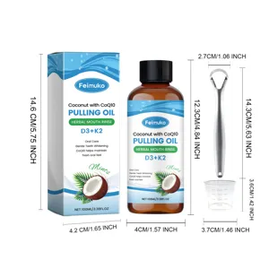 Detailed dimensions of Feimuko Coconut Pulling Oil set including bottle, box and scraper.