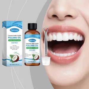 Detailed view of Feimuko herbal mouth rinse kit with stainless steel tongue scraper and cup