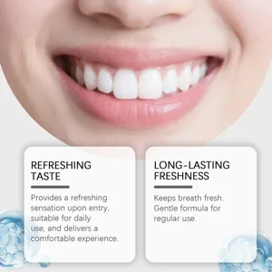Close-up detail showing fresh breath benefits and a bright white smile with oral mouthwash.