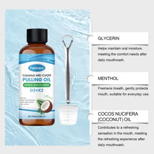 Detail view of Feimuko coconut pulling oil kit with tongue scraper and key ingredients.