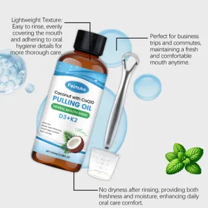 Mouthwash pulling oil with coconut and CoQ10, including tongue scraper and measuring cup