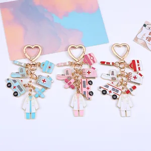 Classic Nurse Medical Theme Keychain Zinc Alloy Heart Shape Ring Ambulance Thermometer Stethoscope Bag Pendant Decor Gift