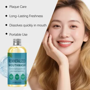 Detailed view of Remineralized Mouthwash bottle with smiling woman for oral care