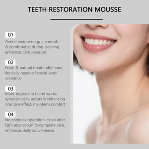 Produktdetail zeigt Funktionen von Zahnpflege-Mousse mit strahlend weißem Lächeln