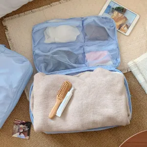 Vista detallada de organizador de viaje azul claro con compartimentos de malla y ropa