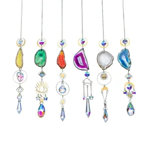 Natural agate slice and crystal glass suncatchers for hanging indoor and garden decor.