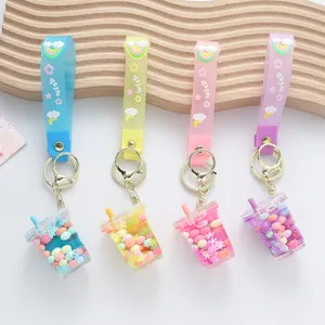 Cute liquid boba tea keychain set with bubble beads and silicone wrist strap charms