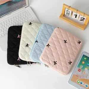 Sweet Quilted Diamond Nylon Laptop Sleeve Bowknot Embroidered Protective Tablet Case Shockproof Travel Computer Bag for MacBook iPad Women